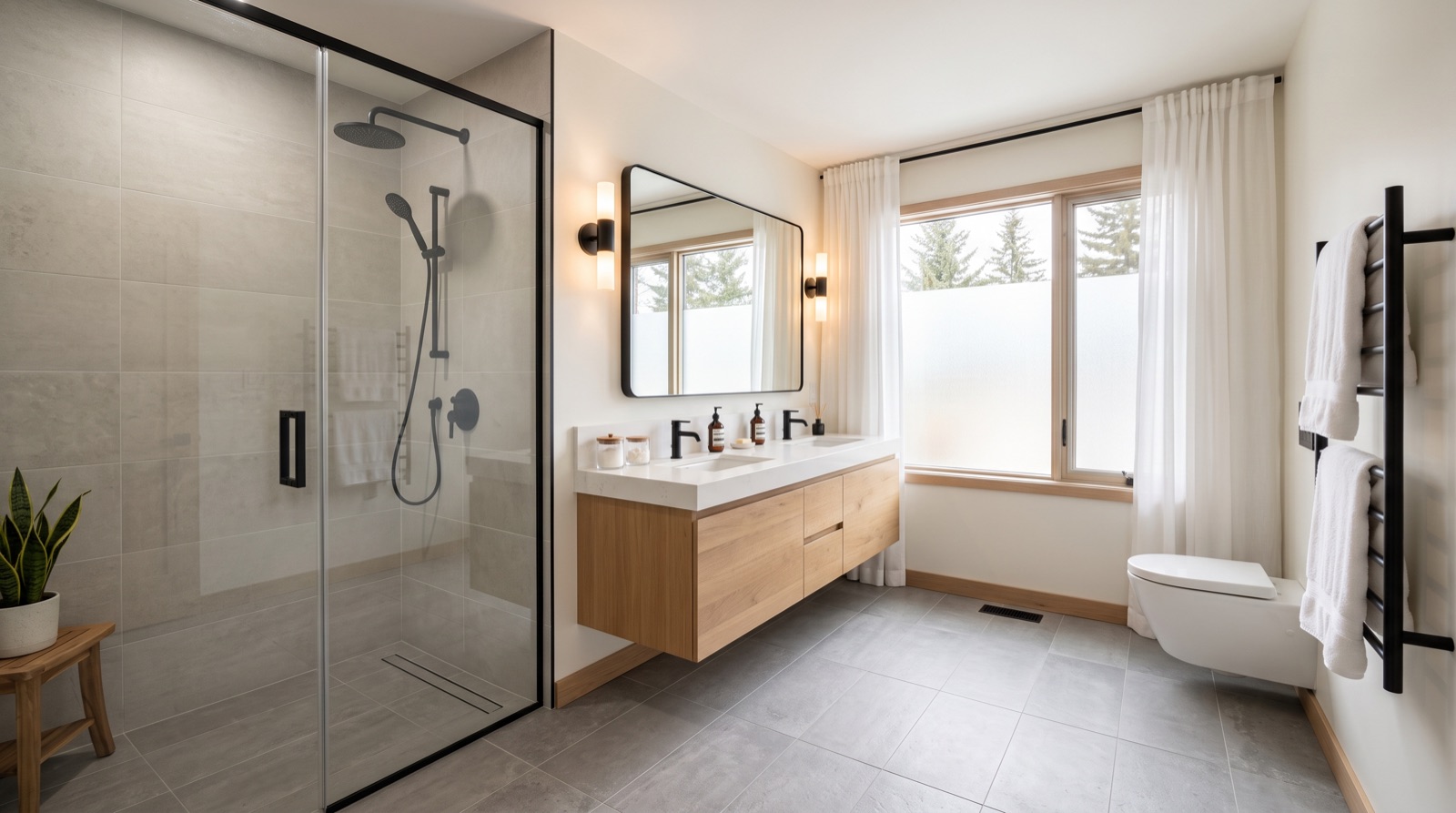 Modern walk-in shower bathroom renovation in Calgary