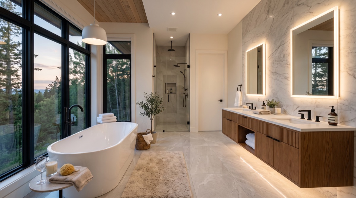 Luxury ensuite renovation with freestanding soaker tub in Calgary