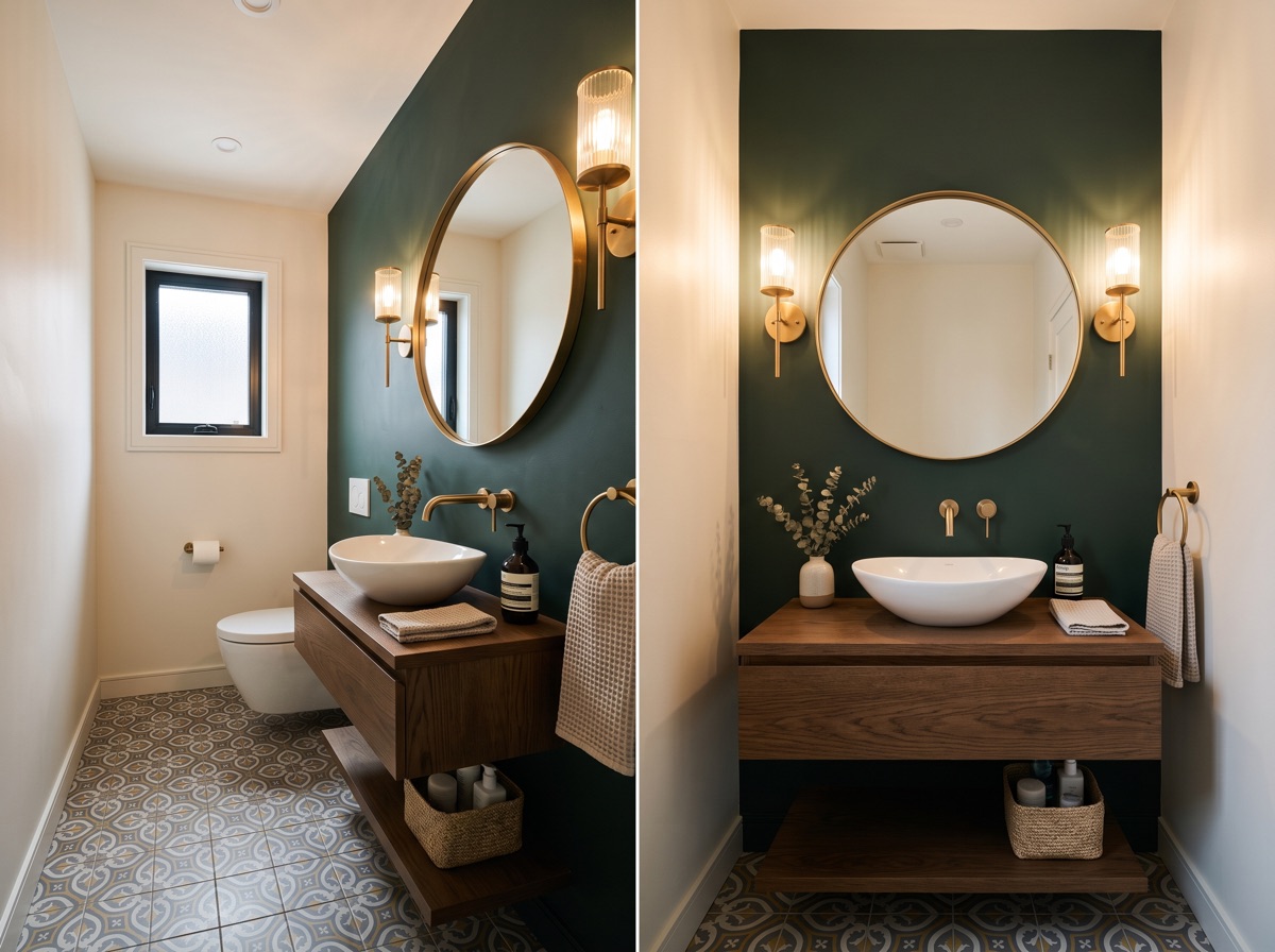 Small powder room renovation with floating vanity in Calgary